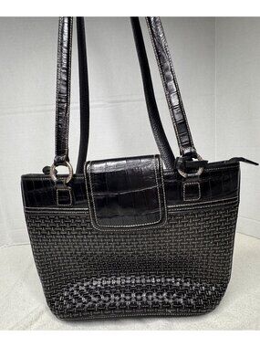 Brighton Black Leather Classic Tote Bag Basket Weave Front Panel Croc Trim